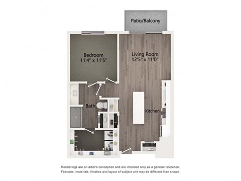 Floor plan for 1 bed, 1 bath, 743 sqft