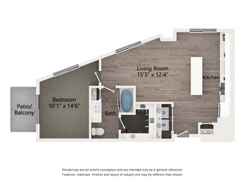 Floor plan for 1 bed, 1 bath, 806 sqft
