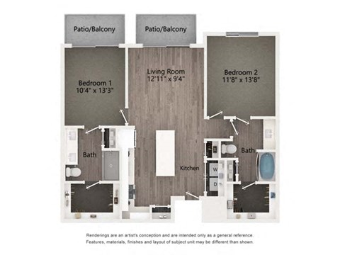Floor plan for 2 beds, 2 baths, 1105 sqft