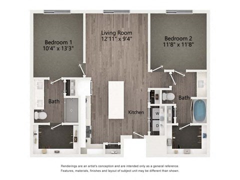 Floor plan for 2 beds, 2 baths, 1080 sqft