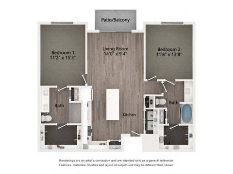 Floor plan for 2 beds, 2 baths, 1190 sqft
