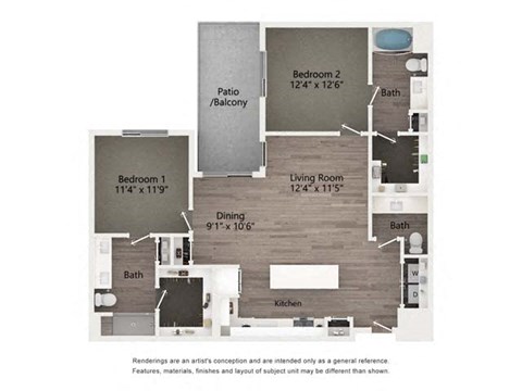 Floor plan for 2 beds, 3 baths, 1242 sqft