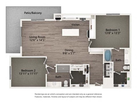 Floor plan for 2 beds, 2 baths, 1353 sqft