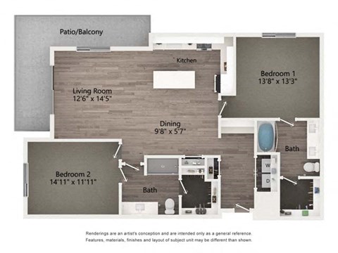Floor plan for 2 beds, 2 baths, 1347 sqft