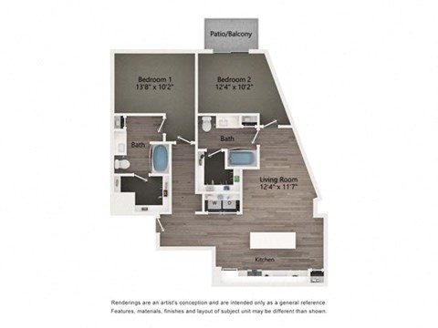 Floor plan for 2 beds, 2 baths, 1158 sqft