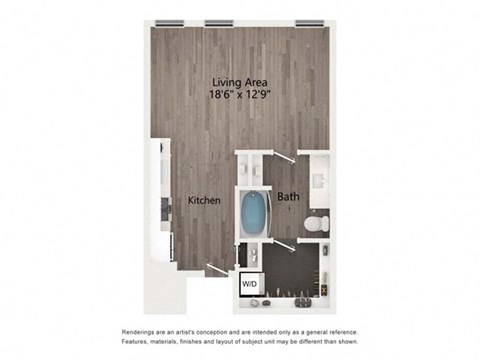 Floor plan for studio, 1 bath, 565 sqft