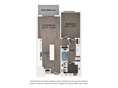 Floor plan for 1 bed, 1 bath, 660 sqft