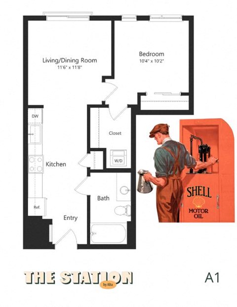 Floor plan for 1 bed, 1 bath, 604 sqft