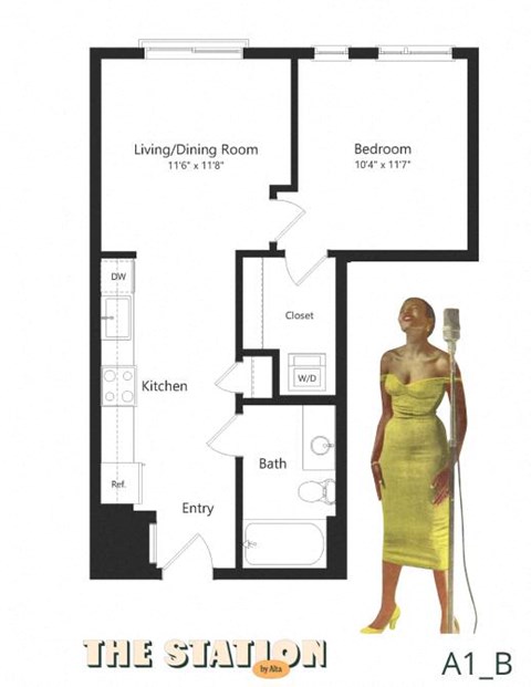 Floor plan for 1 bed, 1 bath, 603 sqft