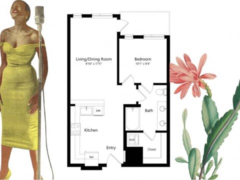 Floor plan for 1 bed, 1 bath, 646 sqft