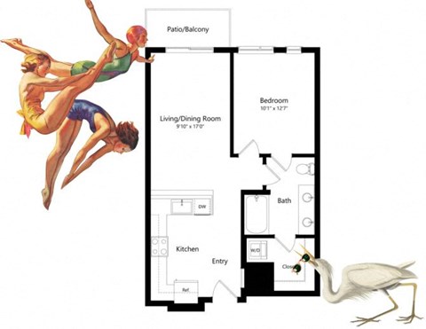 Floor plan for 1 bed, 1 bath, 688 sqft
