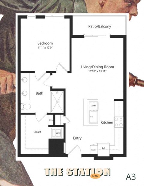 Floor plan for 1 bed, 1 bath, 734 sqft