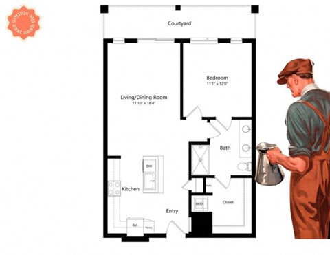 Floor plan for 1 bed, 1 bath, 789 sqft
