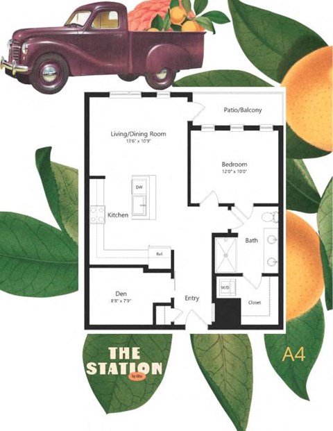 Floor plan for 1 bed, 1 bath, 810 sqft