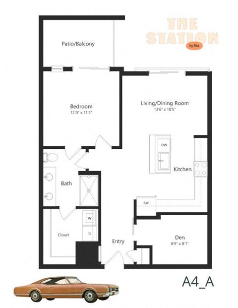 Floor plan for 1 bed, 1 bath, 855 sqft