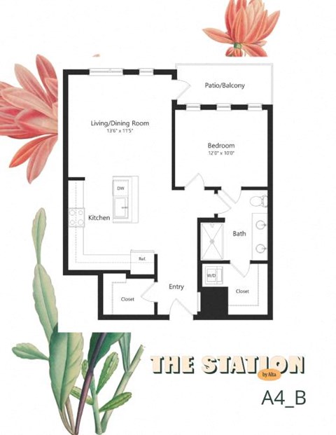 Floor plan for 1 bed, 1 bath, 784 sqft