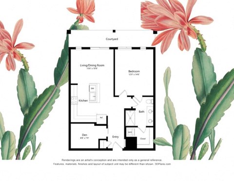Floor plan for 1 bed, 1 bath, 867 sqft