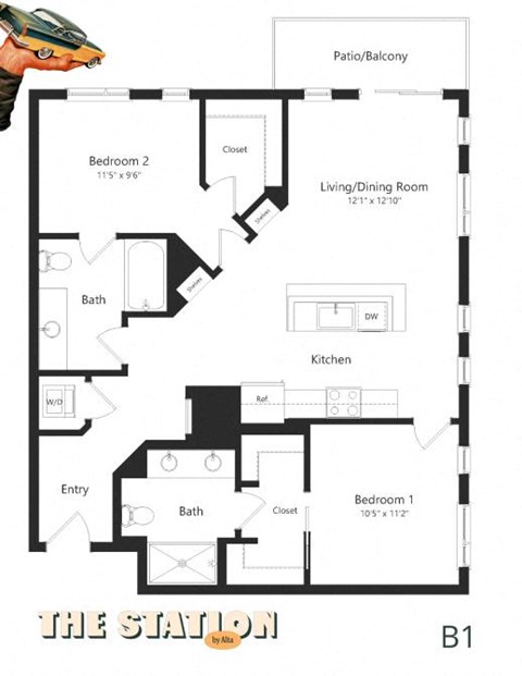 Floor plan for 2 beds, 2 baths, 1047 sqft