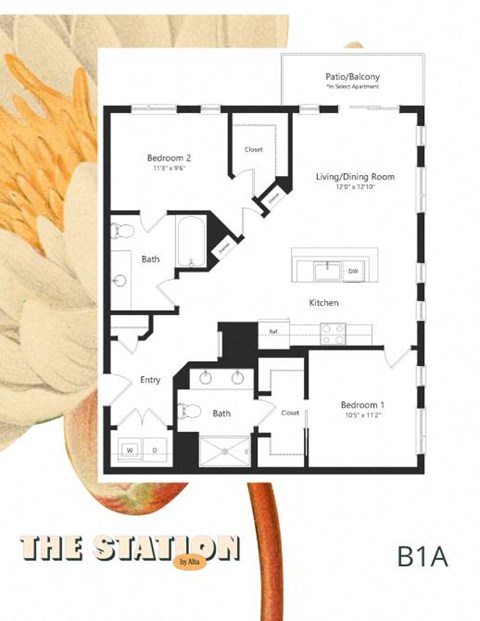 Floor plan for 2 beds, 2 baths, 1074 sqft