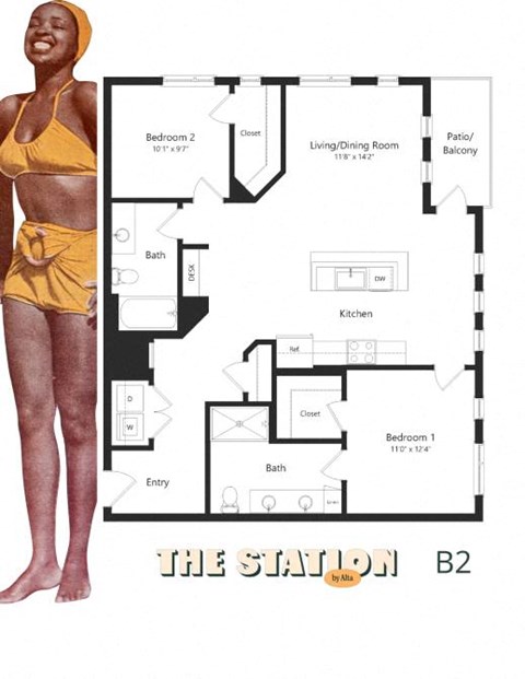 Floor plan for 2 beds, 2 baths, 1152 sqft