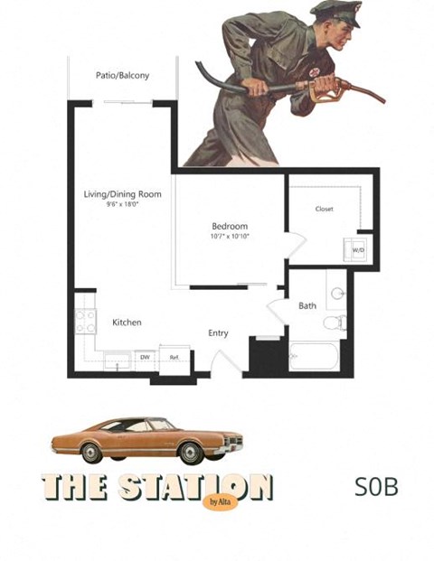 Floor plan for studio, 1 bath, 658 sqft