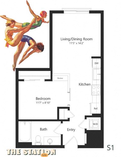 Floor plan for studio, 1 bath, 550 sqft