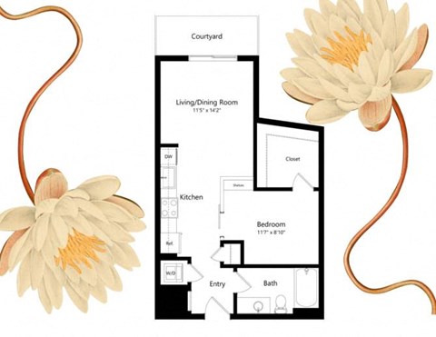 Floor plan for studio, 1 bath, 598 sqft