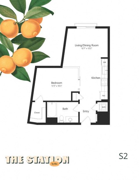 Floor plan for studio, 1 bath, 655 sqft