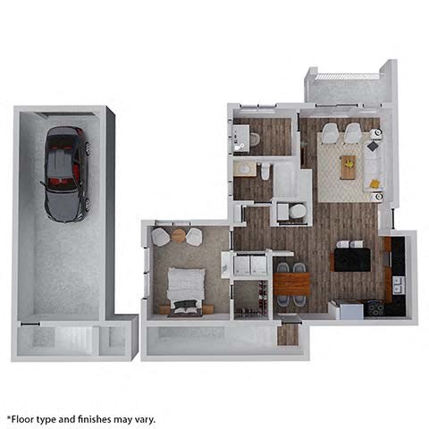 Floor plan for 1 bed, 1 bath, 915 sqft