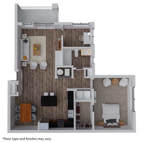 Floor plan for 1 bed, 1 bath, 931 sqft