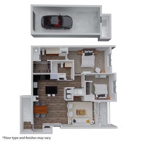 Floor plan for 2 beds, 2 baths, 1268 sqft
