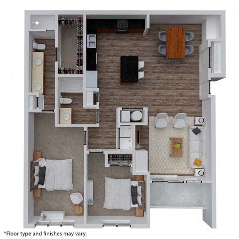 Floor plan for 2 beds, 2 baths, 1304 sqft