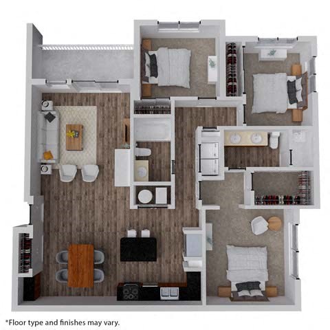 Floor plan for 3 beds, 2 baths, 1384 sqft