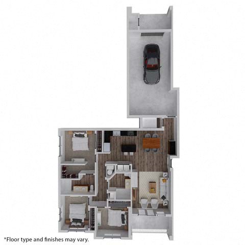 Floor plan for 3 beds, 2 baths, 1377 sqft