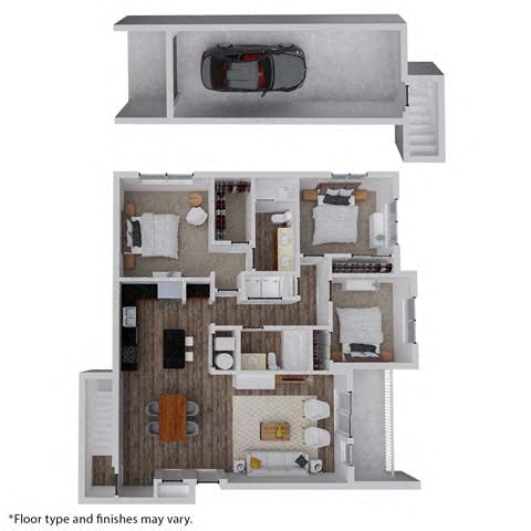 Floor plan for 3 beds, 2 baths, 1390 sqft