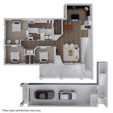 Floor plan for 3 beds, 2 baths, 1529 sqft
