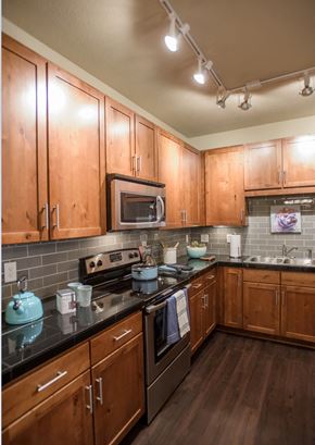 Denver apartment for rent - a kitchen with wooden cabinets and stainless steel appliances