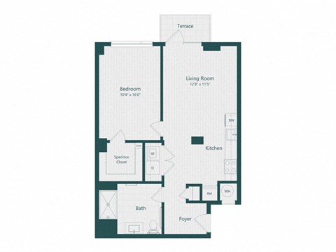 Floor plan for 1 bed, 1 bath, 772 sqft