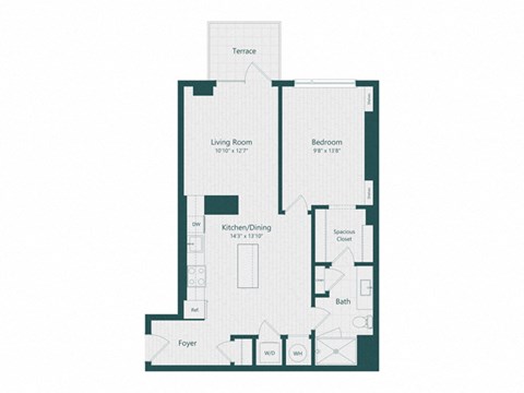 Floor plan for 1 bed, 1 bath, 772 sqft