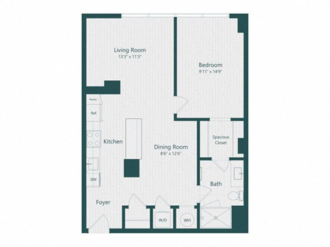 Floor plan for 1 bed, 1 bath, 787 sqft