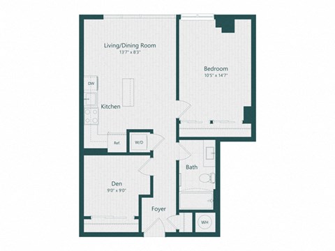 Floor plan for 1 bed, 1 bath, 737 sqft