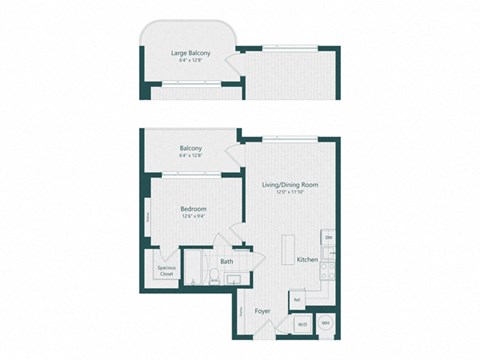 Floor plan for 1 bed, 1 bath, 592 sqft