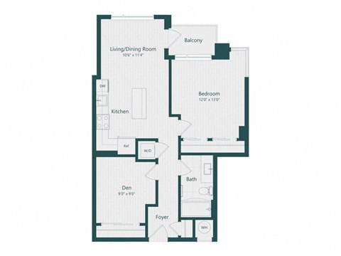 Floor plan for 1 bed, 1 bath, 773 sqft