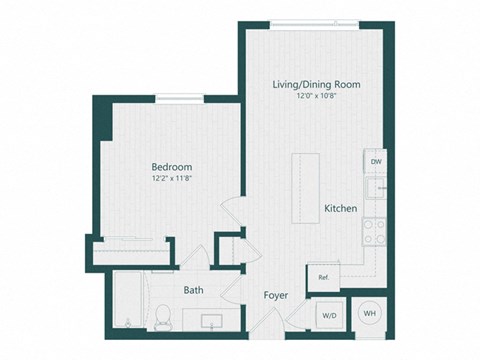 Floor plan for 1 bed, 1 bath, 606 sqft