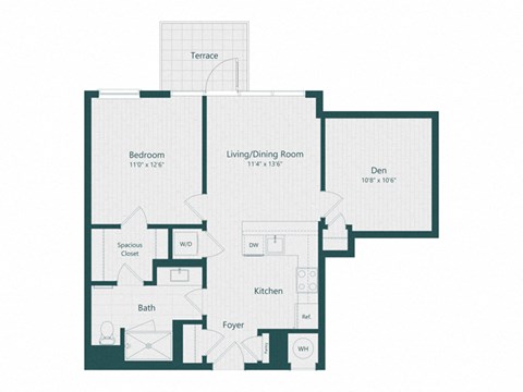 Floor plan for 1 bed, 1 bath, 777 sqft