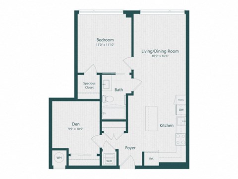 Floor plan for 1 bed, 1 bath, 810 sqft