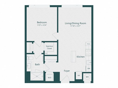 Floor plan for 1 bed, 1 bath, 665 sqft