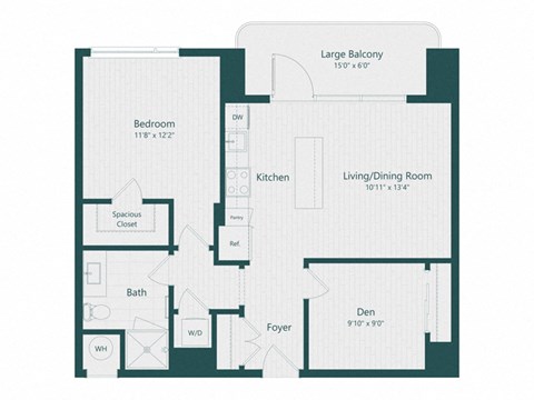 Floor plan for 1 bed, 1 bath, 827 sqft