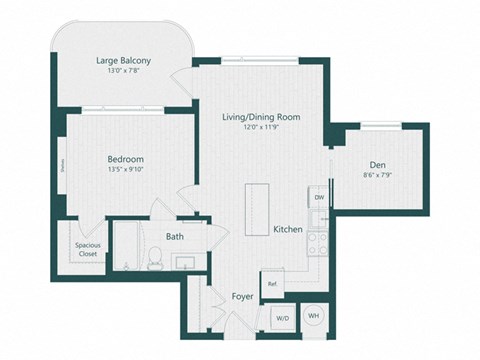 Floor plan for 1 bed, 1 bath, 672 sqft