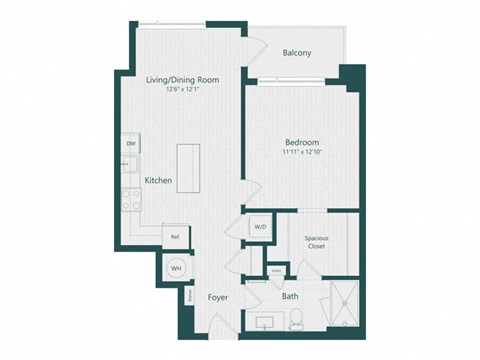 Floor plan for 1 bed, 1 bath, 715 sqft